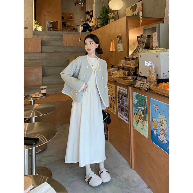 半高领针织长袖连衣裙气质小香风毛呢外套女秋季2023新款时尚套装