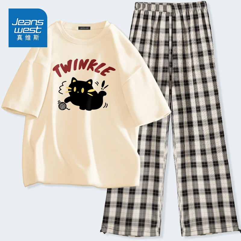 真维斯夏季运动套装女2024新款初中学生纯棉短袖t恤阔腿裤两件套