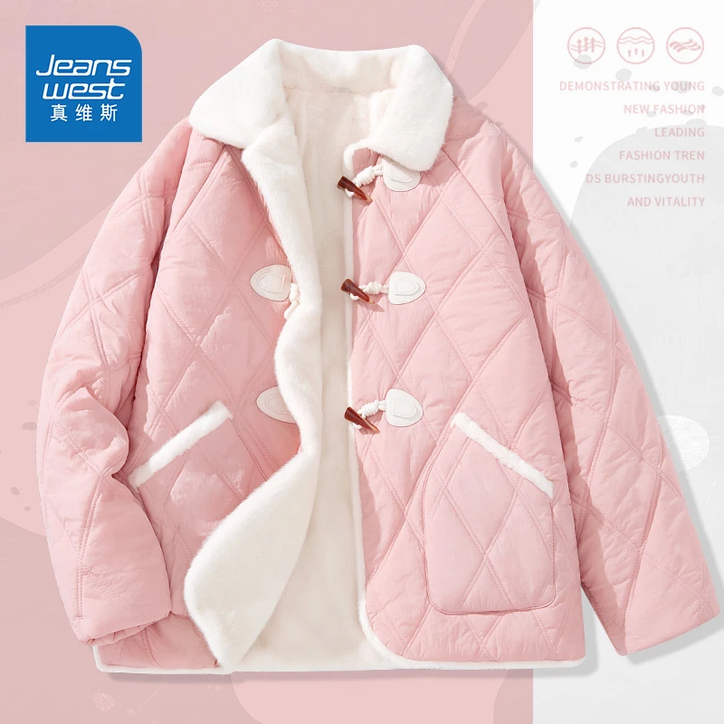 真维斯棉袄女冬季新款时尚洋气韩版棉外套女生牛角扣菱格保暖上衣