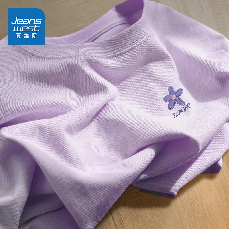 真维斯短袖t恤女夏季2025新款宽松紫色甜美风上衣早春纯棉打底衫