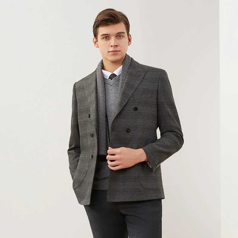 柒牌西服上衣男士秋季新款商务休闲英伦风格子西装外套男装单西