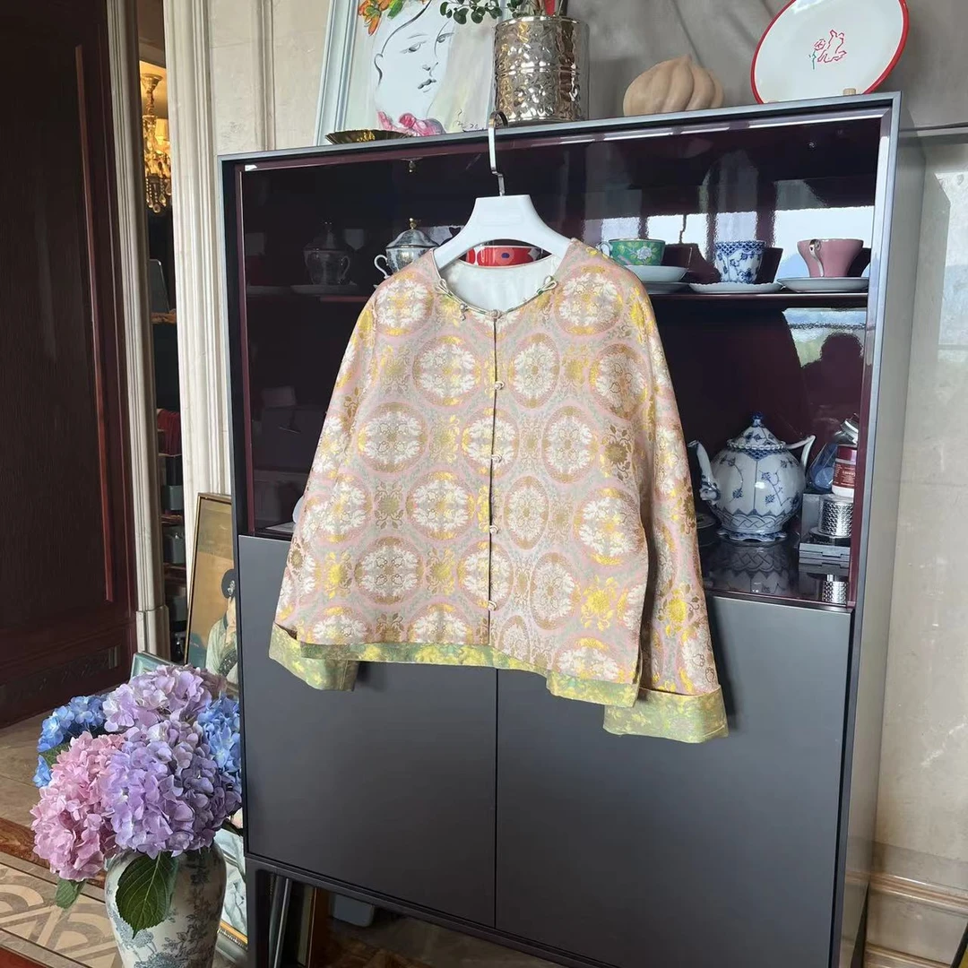 漫颜刘2024夏季新品钱小萍金鱼戏莲宋锦外套圆领长袖对襟中式上衣