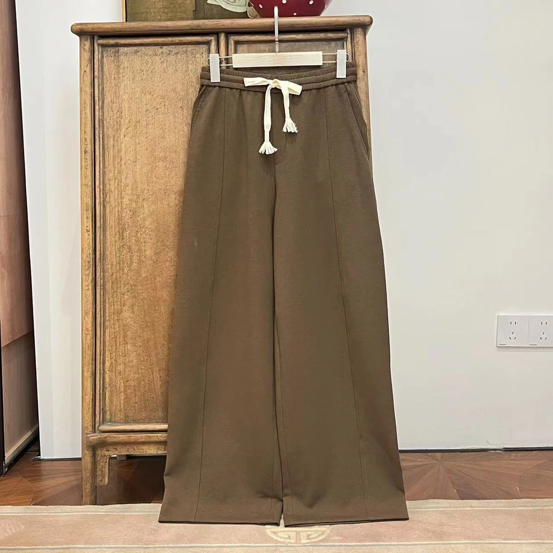 漫颜刘2024秋季新品涤棉混纺阔腿裤时尚休闲系带纯色直筒休闲裤