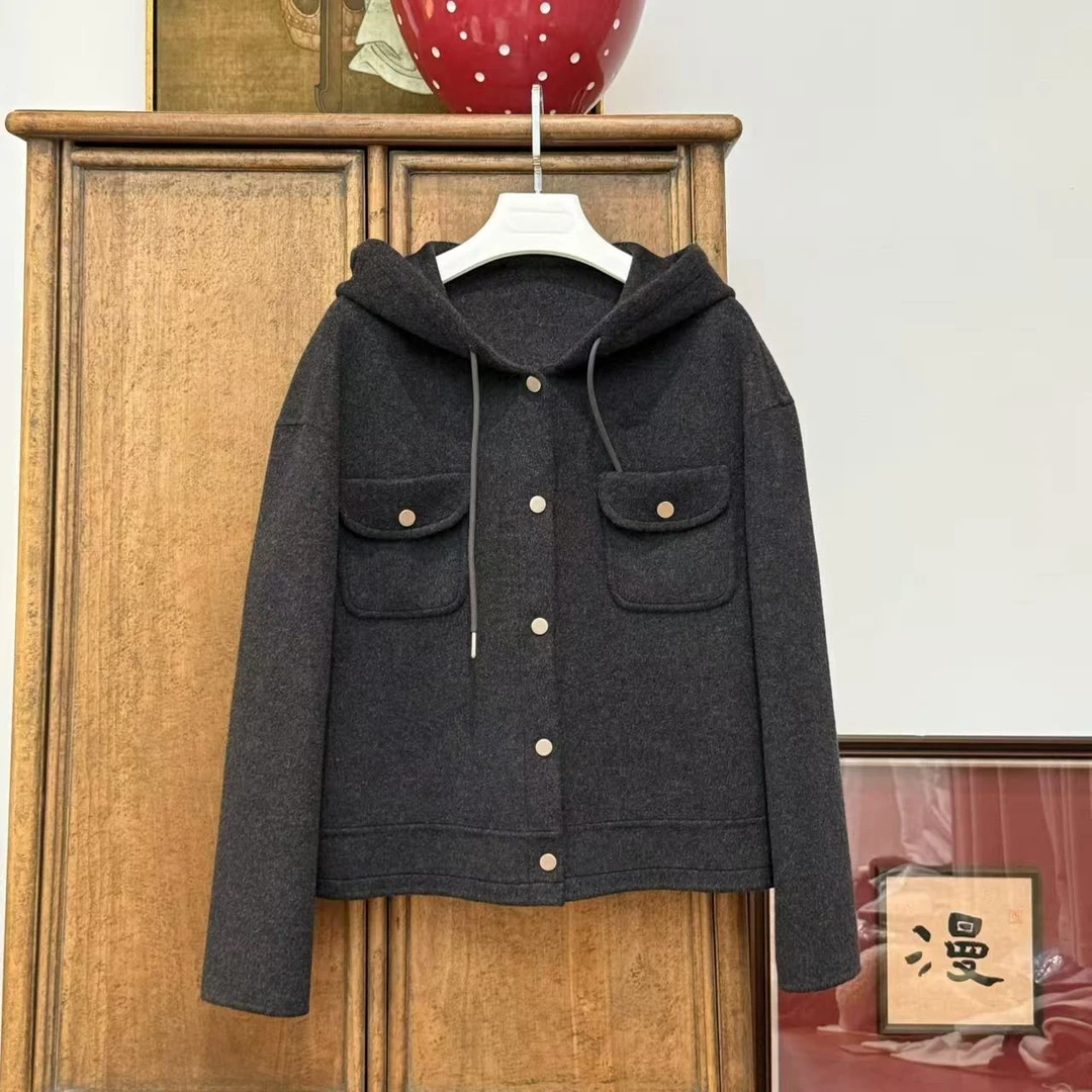 漫颜刘2024年秋冬新款羊绒混纺深灰色外套连帽上衣休闲外套