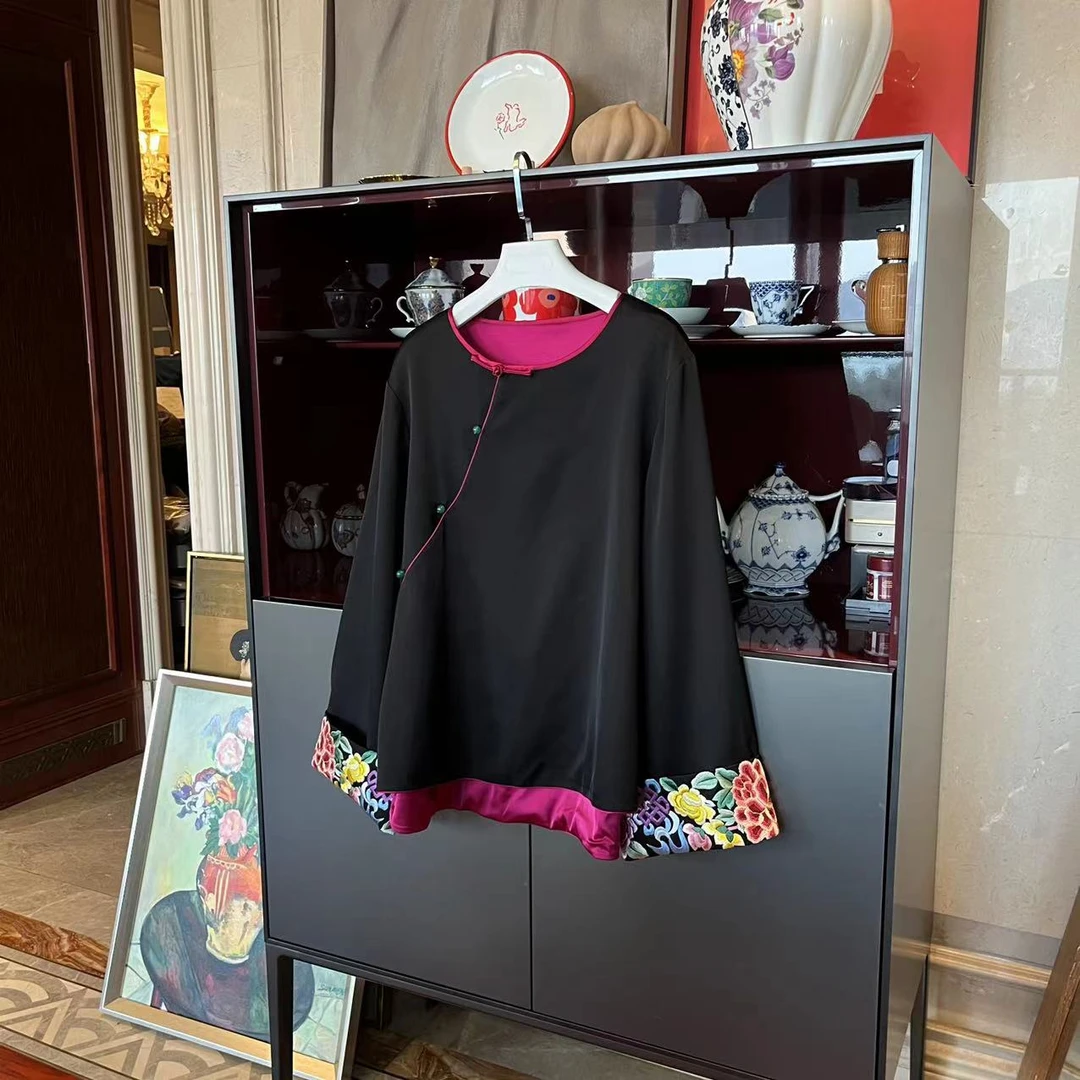 漫颜刘2024春款黑色桑蚕丝绣花中式外套复古时尚圆领长袖上衣