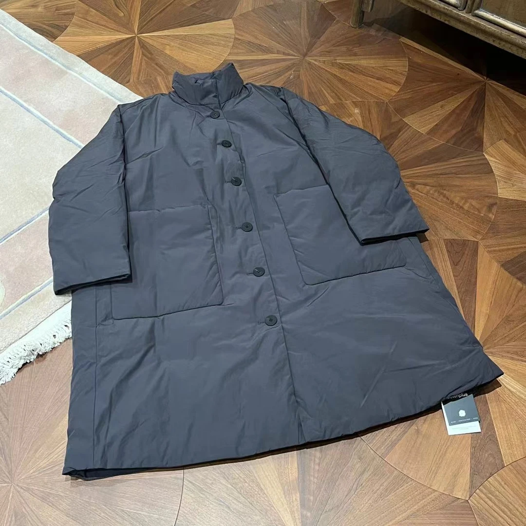 漫颜刘2024年秋季新款聚酯深灰鹅绒羽绒服立领中长款外套