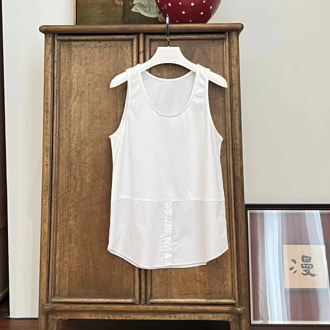 MYL2024秋季新品纯棉白色背心圆领无袖拼接单排扣百搭宽松打底