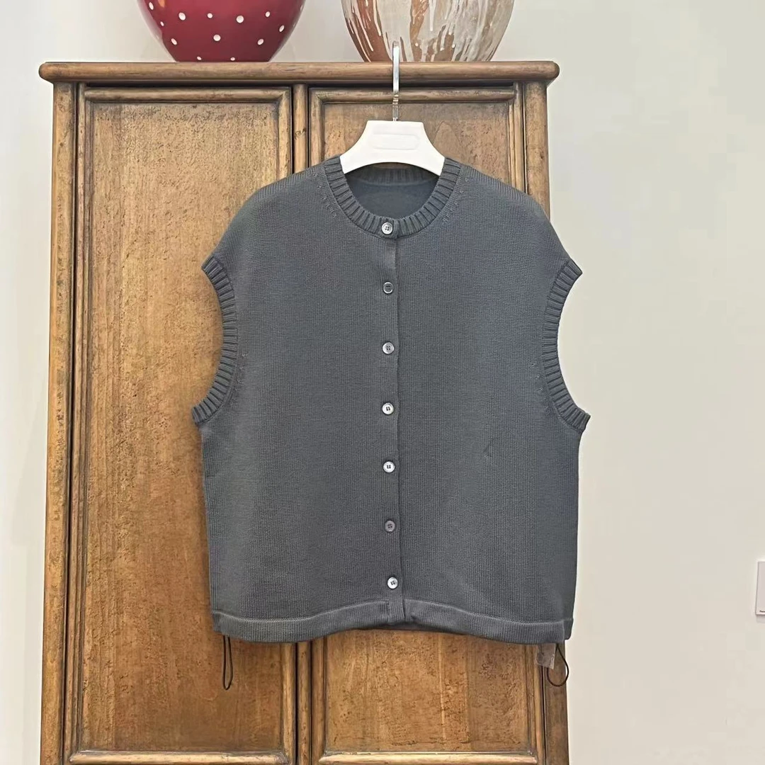 漫颜刘2024秋季新品灰色超细美利奴羊毛无袖针织衫抽绳百搭针织