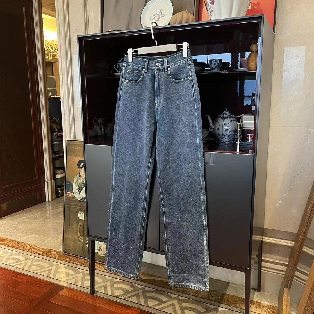 1漫颜刘纯棉蓝色亮片牛仔裤2023秋冬新款百搭显瘦水洗牛仔长裤