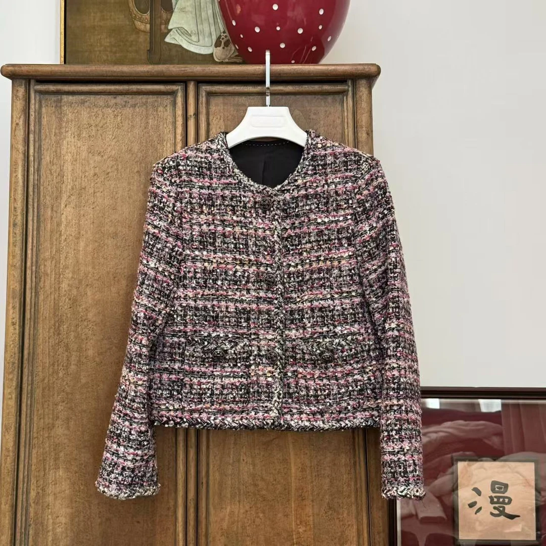 MYL2024秋季新品马海毛混纺黑粉小香风外套长袖单排扣短款上衣