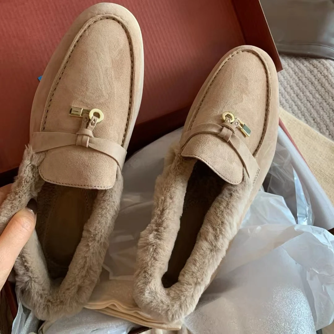 漫颜刘2024秋冬皮毛一体休闲鞋一脚蹬平底单鞋奶奶鞋保暖外穿
