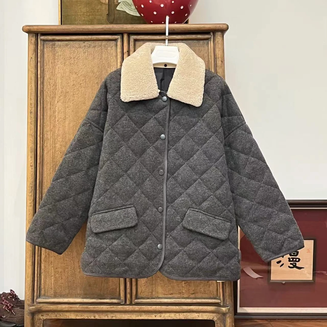 漫颜刘2024秋冬新品山羊绒灰色鹅绒羽绒服翻领长袖单排扣纯色外套