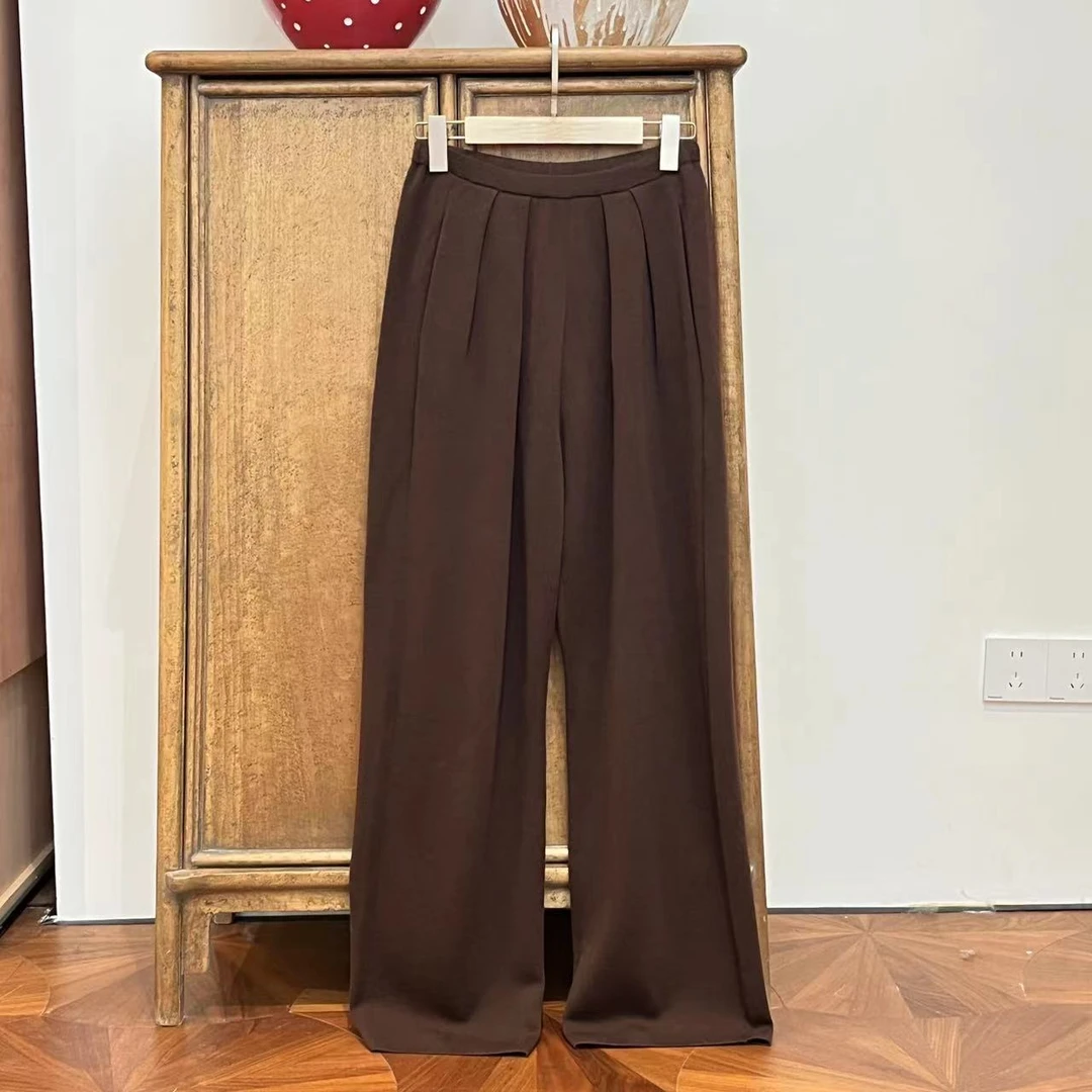 漫颜刘2024秋季新品羊毛混纺咖色休闲裤中腰直筒纯色阔腿休闲长裤