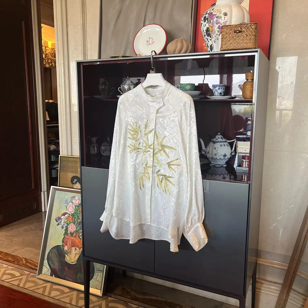 漫颜刘2024春季桑蚕丝白色绣花竹叶衬衫立领长袖休闲中式上衣