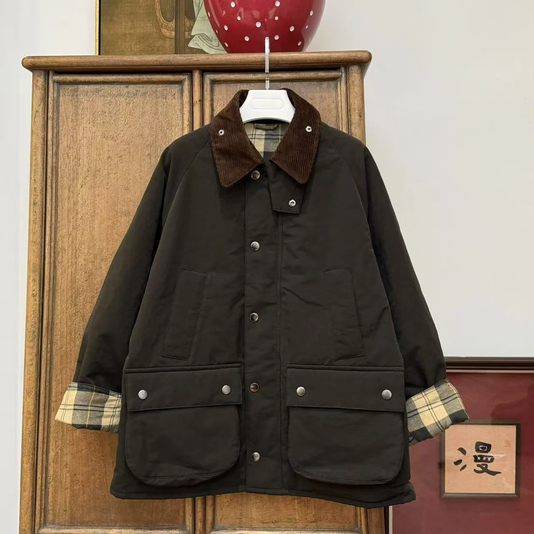 漫颜刘2024秋冬新品聚酯军绿色外套翻领长袖单排扣休闲夹棉上衣