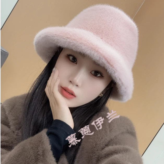 【MOONELAN】冬季防寒渔夫帽子女款仿貂绒保暖水桶盆帽毛绒帽