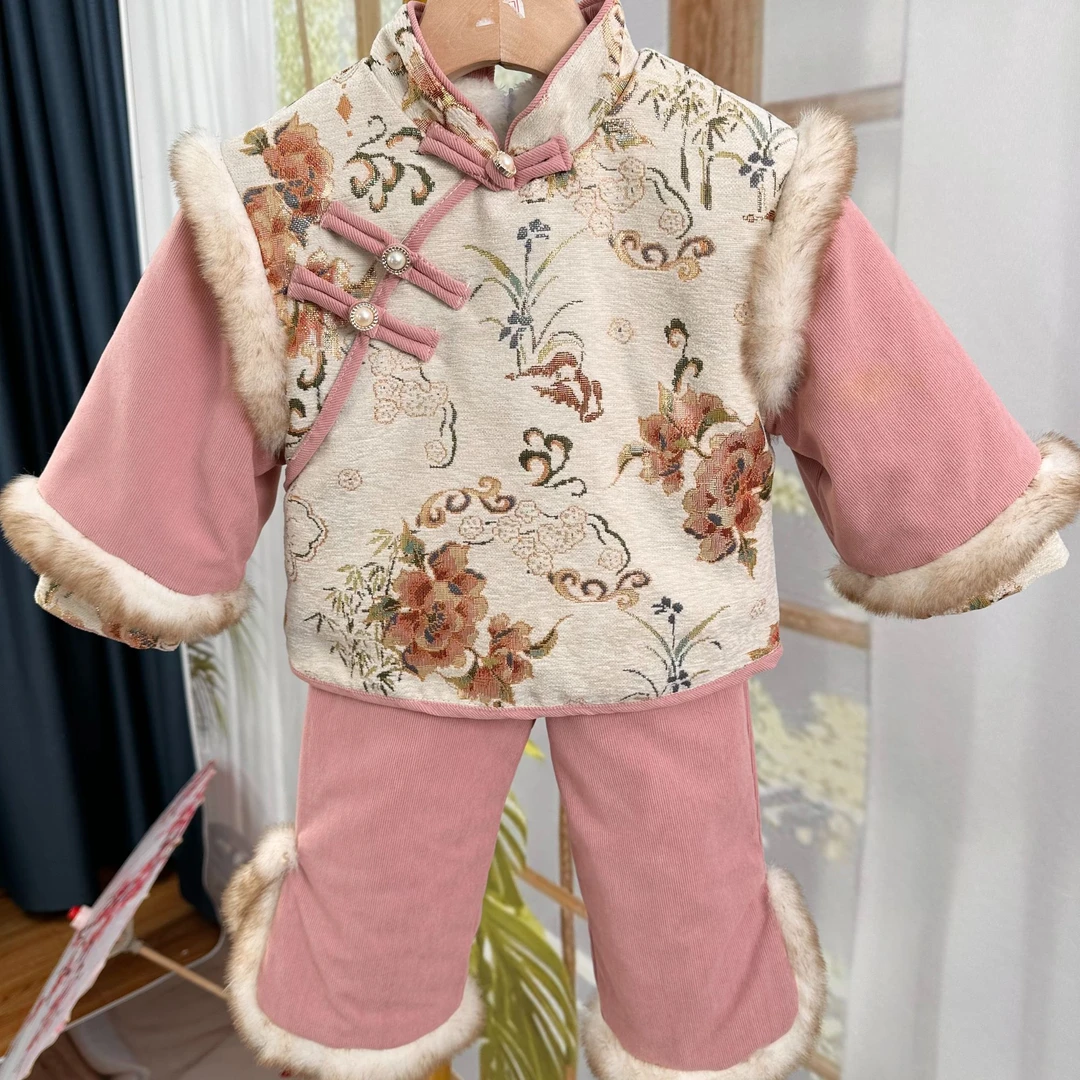 2024年冬季新款唐装拜年服加绒加厚加棉新中式儿童喜庆过年套装