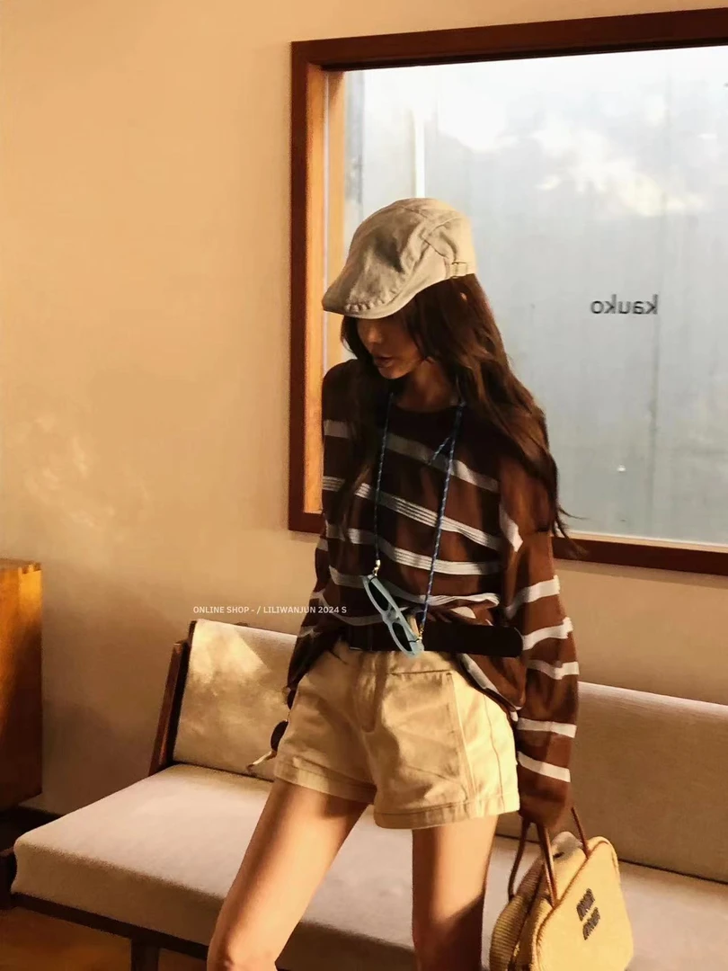 【婉君】夏季韩版微透防晒条纹宽松长袖上衣LWJ24B2T1368