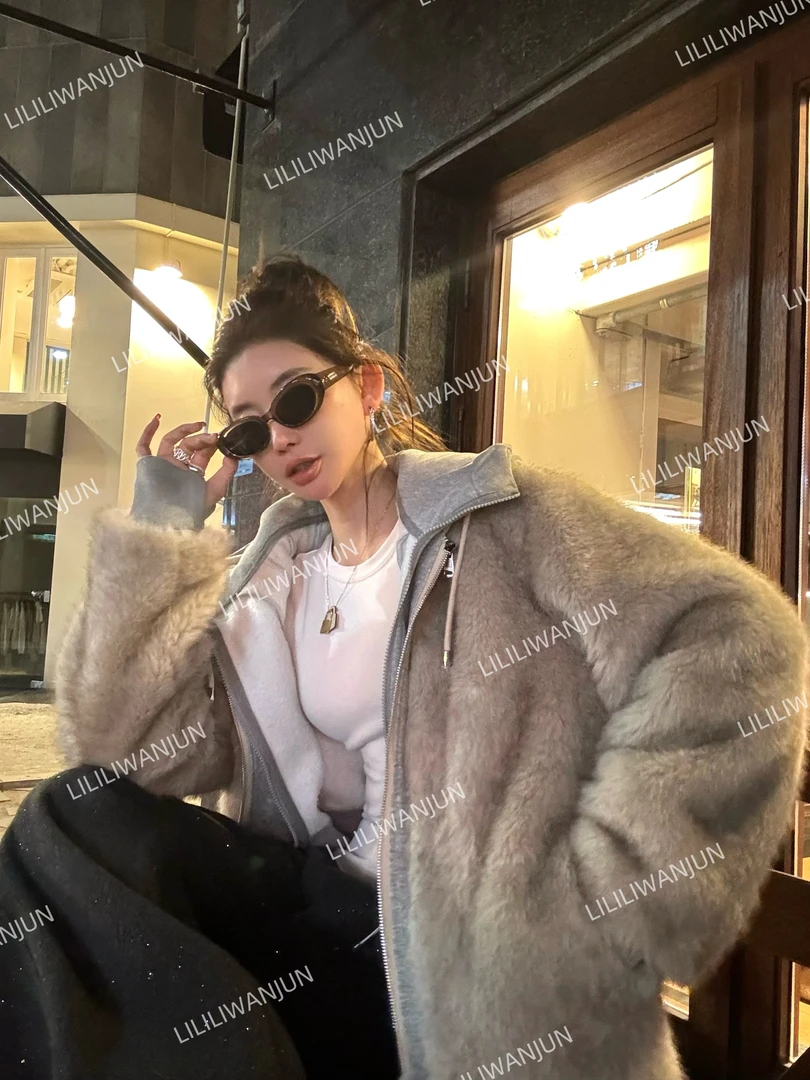 婉君【假两件外套】秋冬韩系百搭连帽宽松外套LWJ24D4C2487