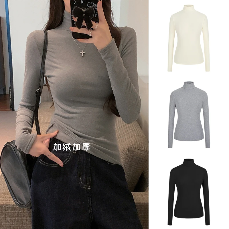 Moses Queen/魔西女王秋冬款加厚加绒半高领打底衫女修身内搭上衣