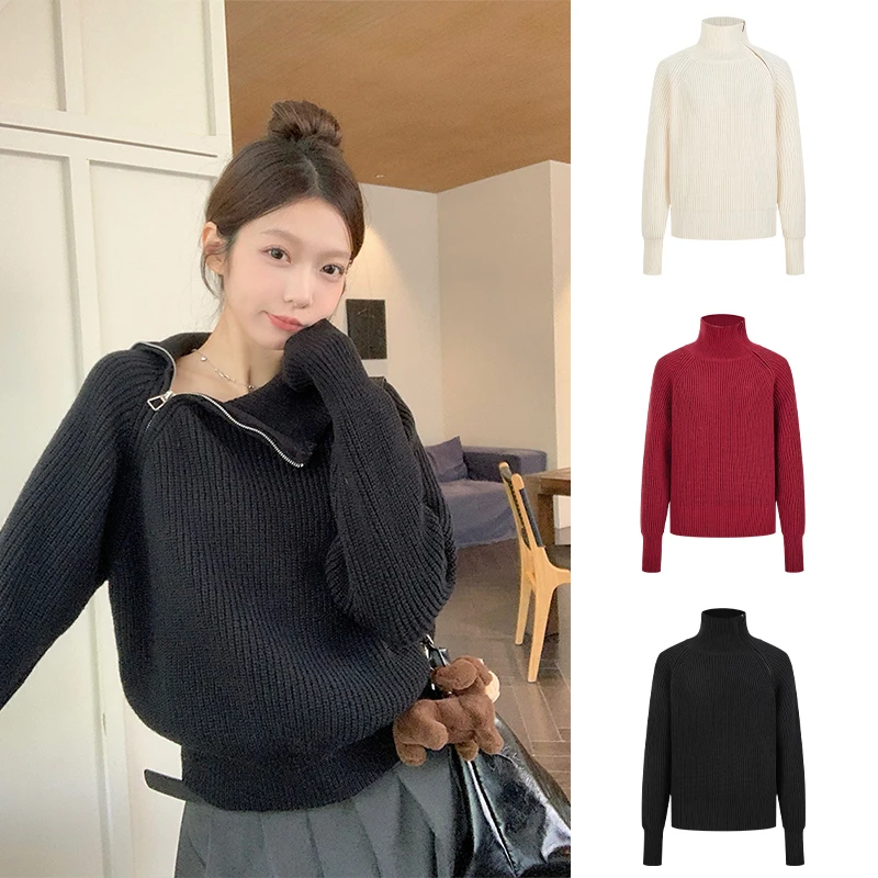 Moses Queen/魔西女王秋冬插肩袖长袖针织衫女宽松高领毛衣上衣