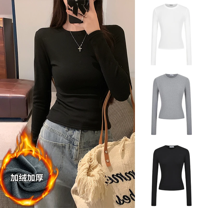 Moses Queen/魔西女王厚绒保暖t恤女修身打底衫掐腰正肩长袖上衣
