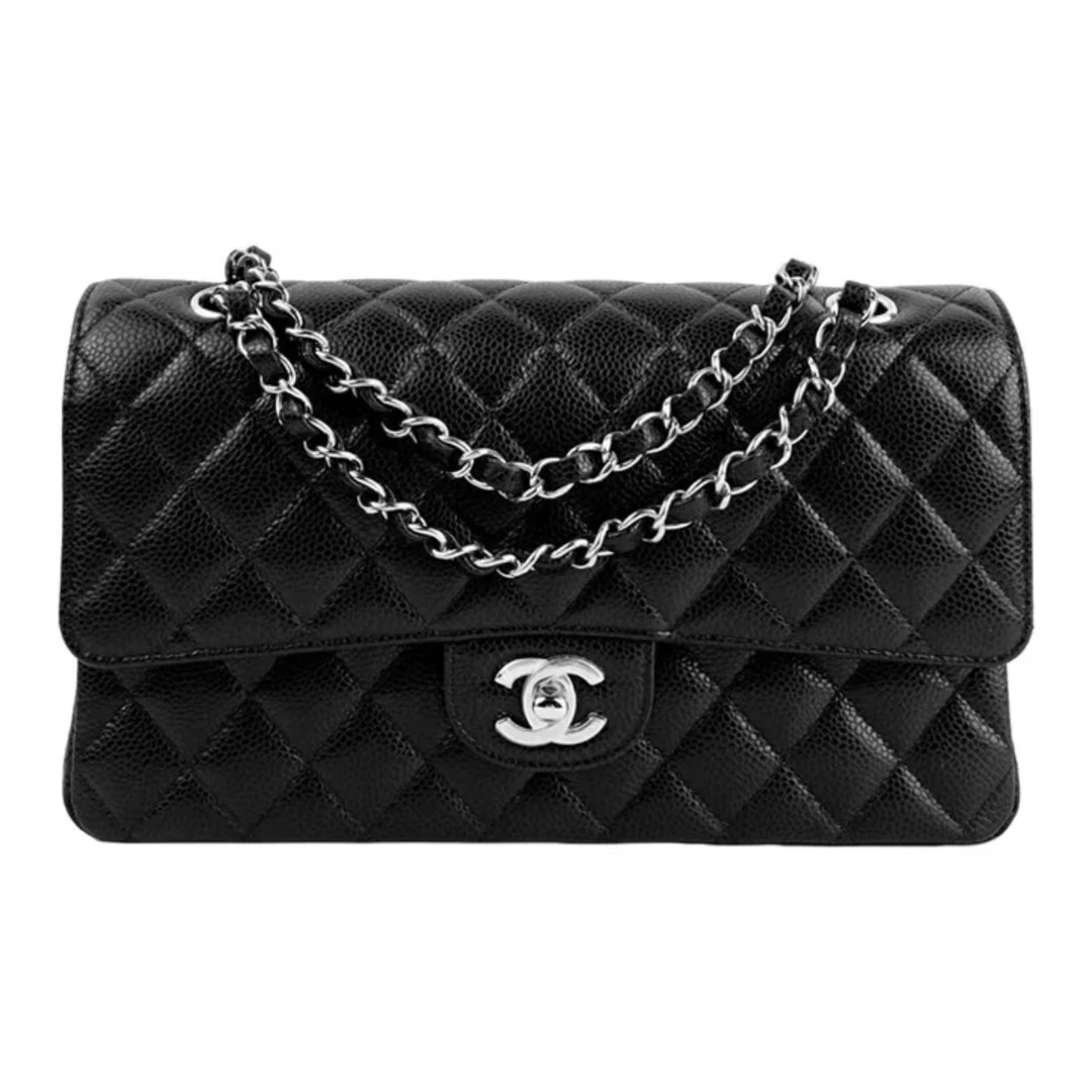 99新 Chanel/香奈儿 CF黑银荔枝纹中号单肩斜挎包保底14开