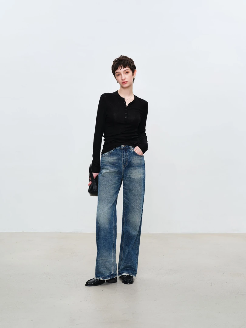 Rightcell 复古高级感猫须水洗高腰直筒牛仔长裤显瘦#Y5110D105