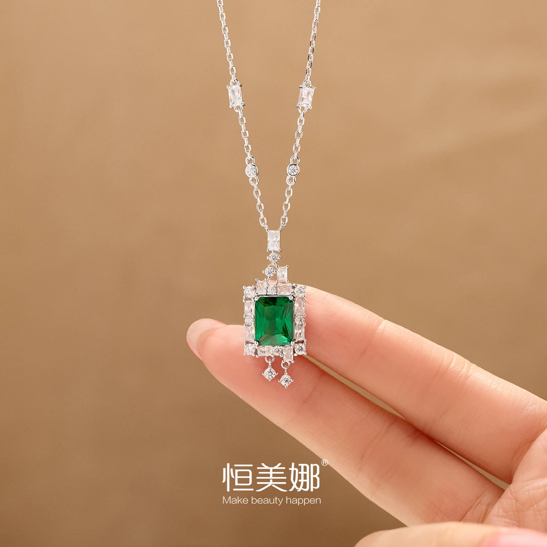 恒美娜 坠链均925银莫桑石 方形绿色吊坠气质轻奢时尚简约经典