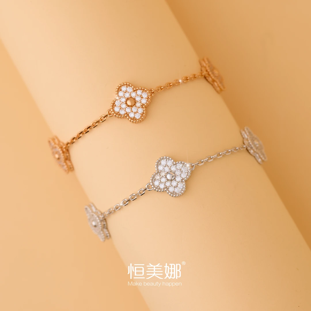 恒美娜 925银莫桑石手链 五花四叶草手链气质时尚百搭满镶款轻奢