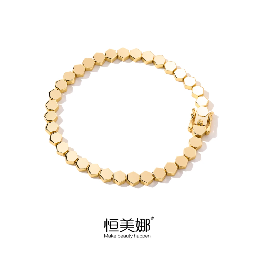 恒美娜 925银手链 蜂巢手链气质轻奢时尚百搭复古小众金色素款