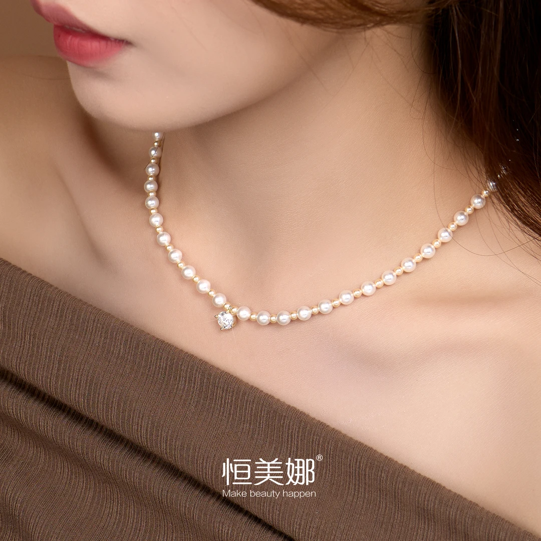 恒美娜 坠链均925银莫桑石 一缕秋色金珠项链气质轻奢法式复古女