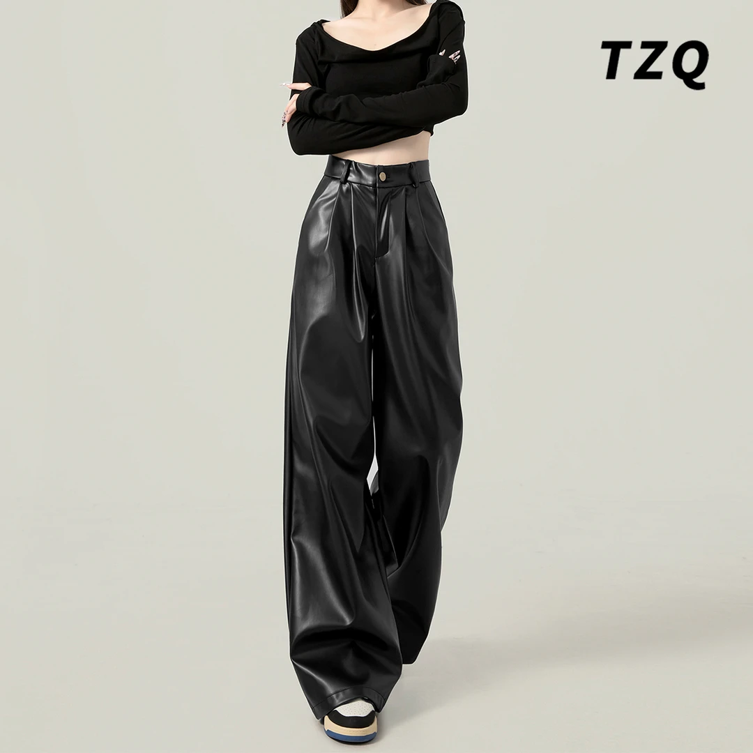 美式辣妹黑色宽松高腰阔腿裤女款爆款秋季垂感休闲韩版PU拖地皮裤
