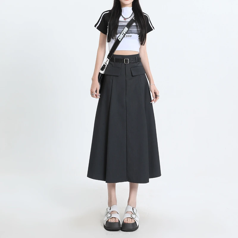 灰色高腰百褶裙西装裙女夏季薄款2024新款高腰a字显瘦气质半身裙