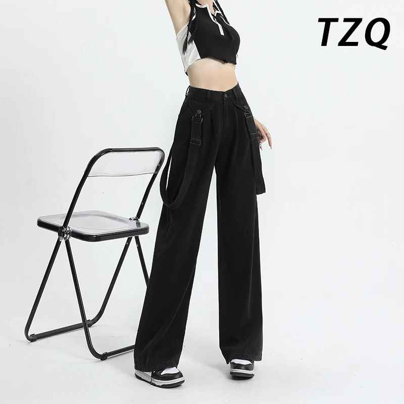 黑色直筒背带牛仔裤女款爆款2025新款美式辣妹高腰垂感拖地阔腿裤