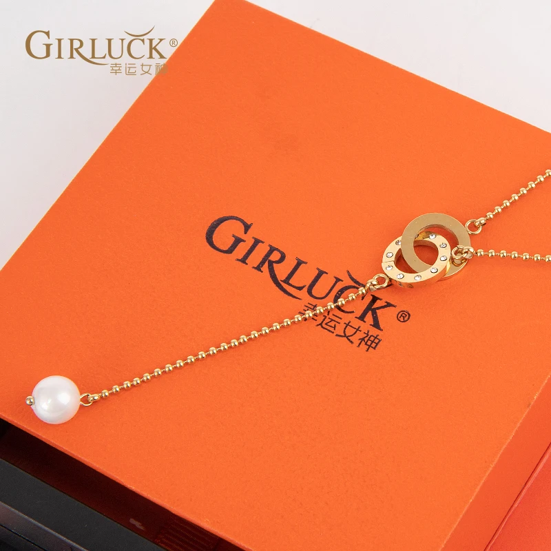 GIRLUCK 钛钢项链 신상품 幸运女神-双环流苏珠项链