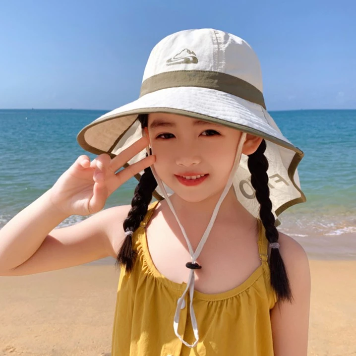 儿童防晒帽夏季大檐男女童防紫外线渔夫帽遮阳披肩宝宝速干太阳帽