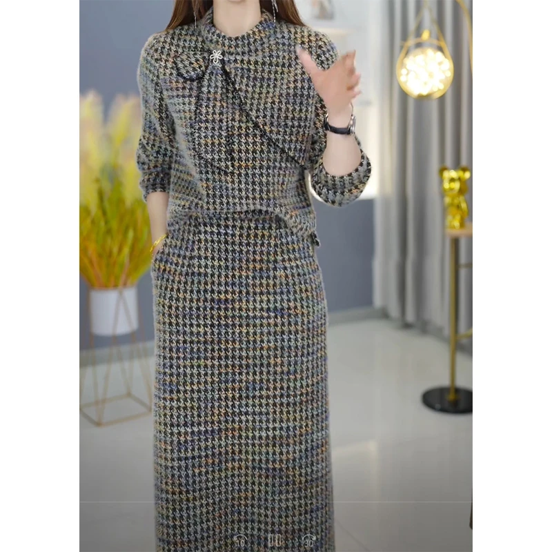 【送胸针】雪尼尔绒加厚两件套套装裙女秋冬新款减龄洋气时尚妈妈