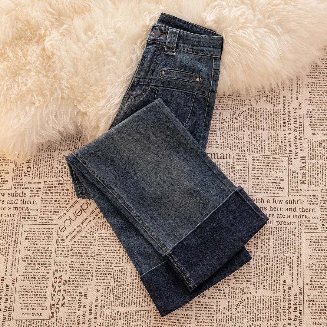 卷边直筒牛仔裤女秋季2025新款时尚高腰显瘦修身小个子九分烟管裤