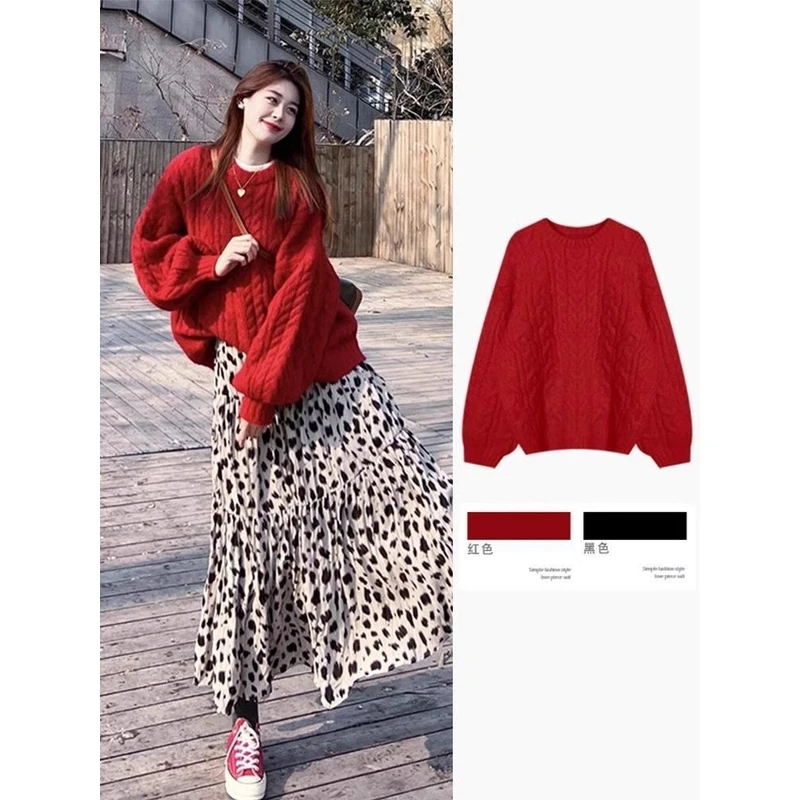 安可拉红色圆领针织毛衣女2024秋冬新款宽松复古麻花慵懒套头上衣