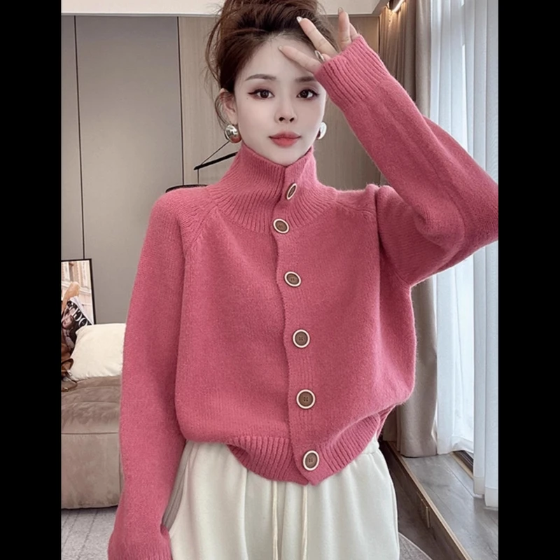 慵懒风爆款多巴胺穿搭针织开衫女2024秋冬新款设计感高领毛衣上衣