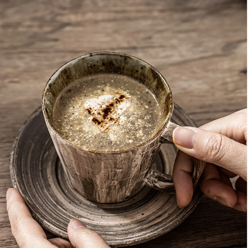 复古陶瓷咖啡杯日式粗陶杯碟手工水杯家用隔热复古风茶杯挂耳