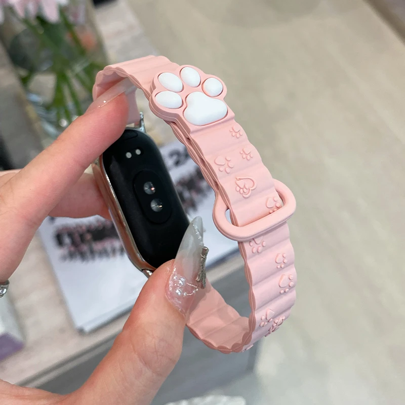 适用小米手环9/8代硅胶磁吸表带Miband9/8猫爪款替换腕带可爱NFC