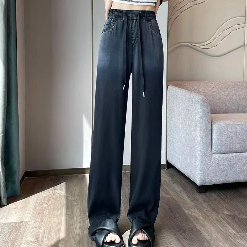 大码胖妹妹女士天丝牛仔裤黑色高腰夏季新款显瘦薄款渐变垂感冰丝