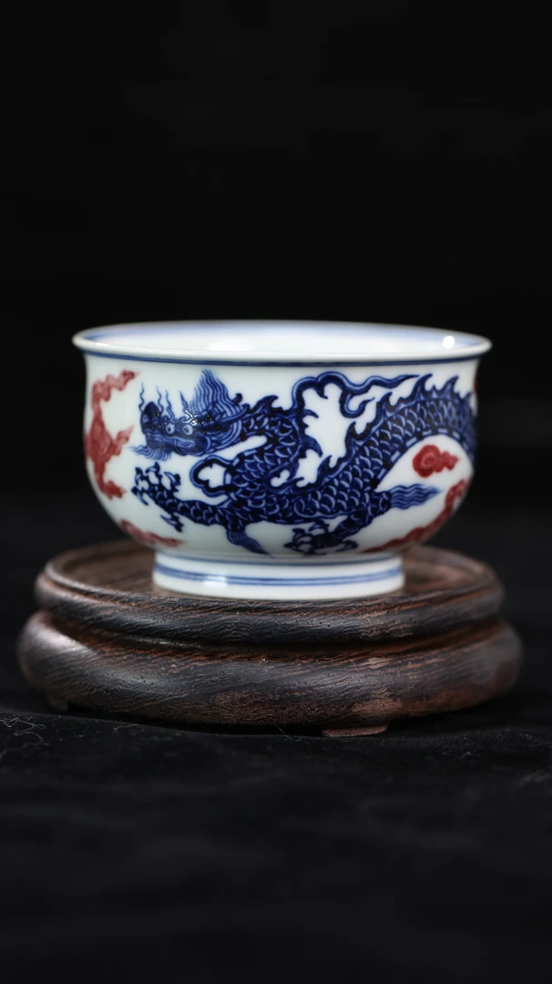 景德镇 元煦和晓陶瓷 古瓷手工薄胎 宣德 青花 釉里红双龙炉式杯
