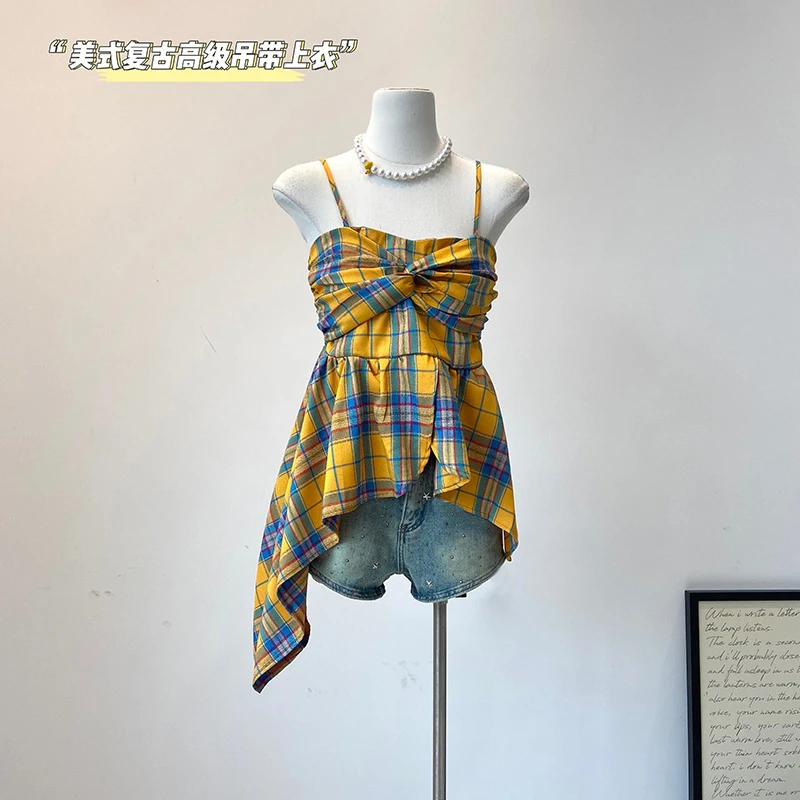 2025夏季新款复古百搭不规则撞色格子无袖吊带衫显瘦洋气娃娃背心