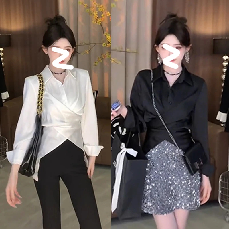 「银色山泉」秋季褶皱长袖衬衫女交叉收腰修身设计感不规则上衣