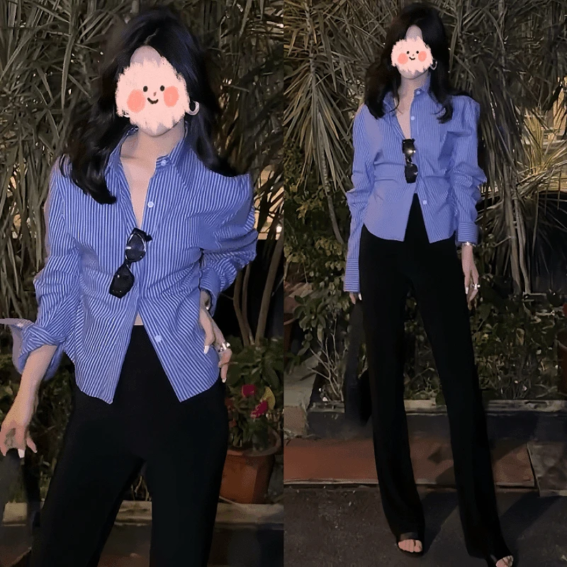 韩系蓝色条纹长袖POLO领早秋新款修身显瘦气质名媛减龄百搭衬衣