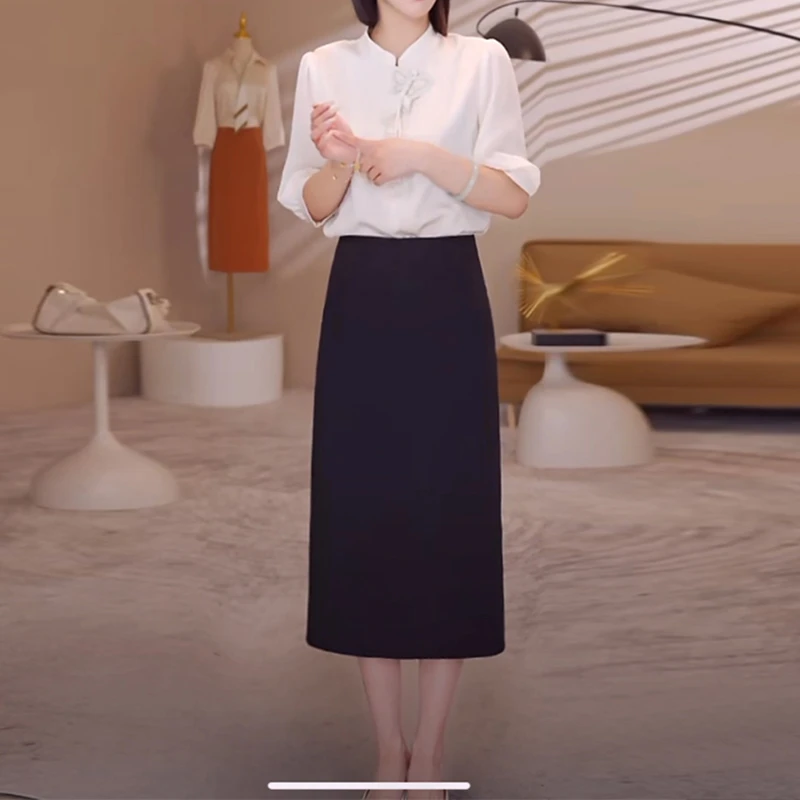 【夏款】显瘦半身裙女夏季气质时尚黑色开叉百搭西装A字裙22189