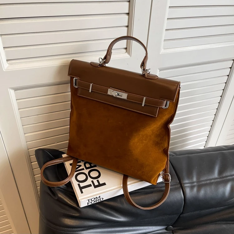 复古手提通勤包包女2024新款潮韩国双肩包小众大容量磨砂皮凯莉包